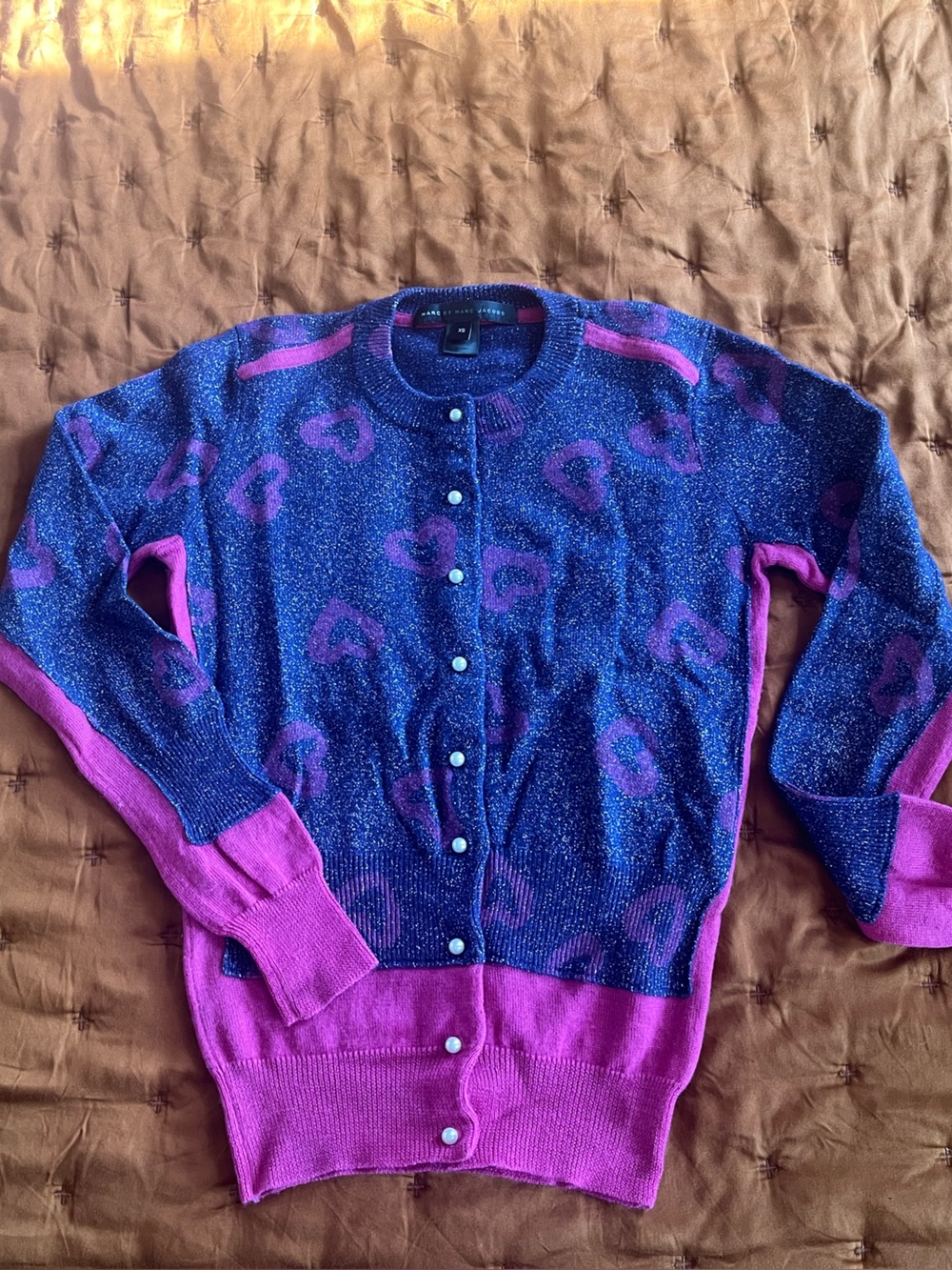 Marc by Marc Jacobs Metallic Purple Heart Cardigan Fuchsia Trim Pearl Buttons XS